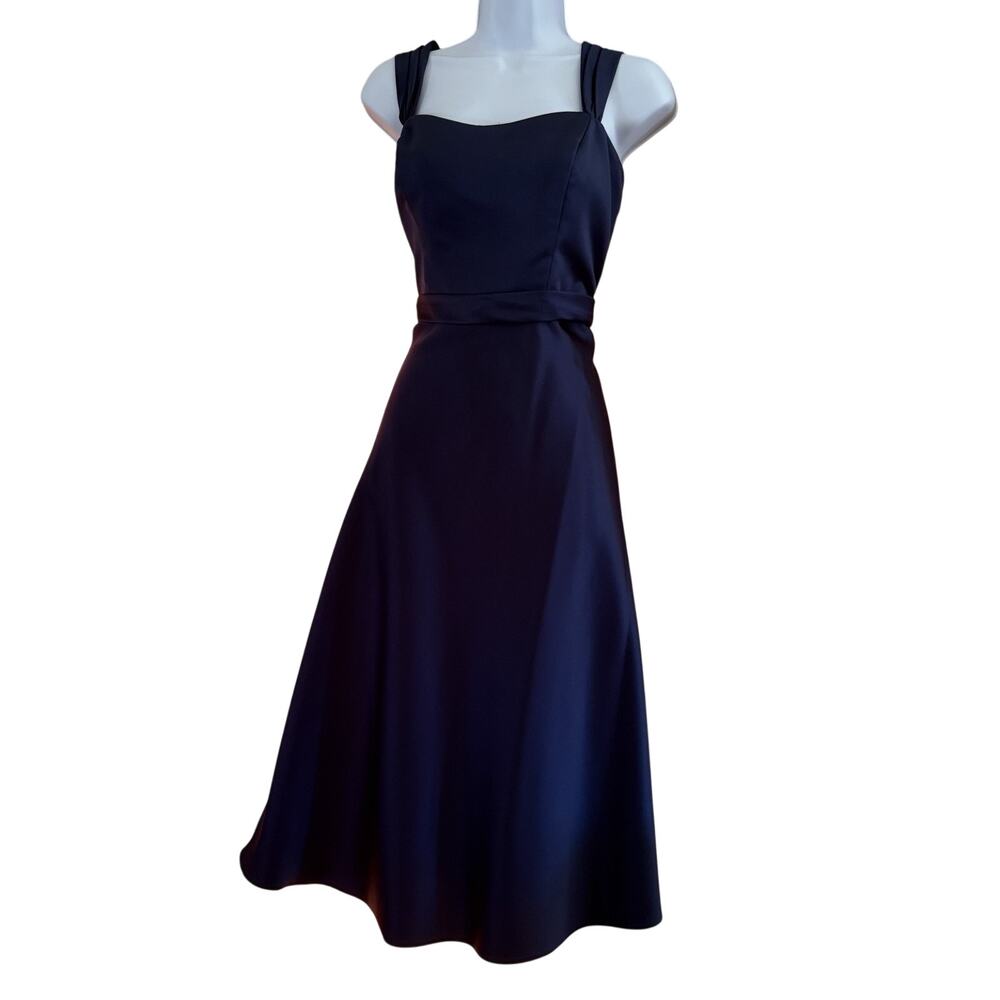 David's Bridal Navy Blue Fit & Flare Dress - Pleated Straps - Size 10 - F14556